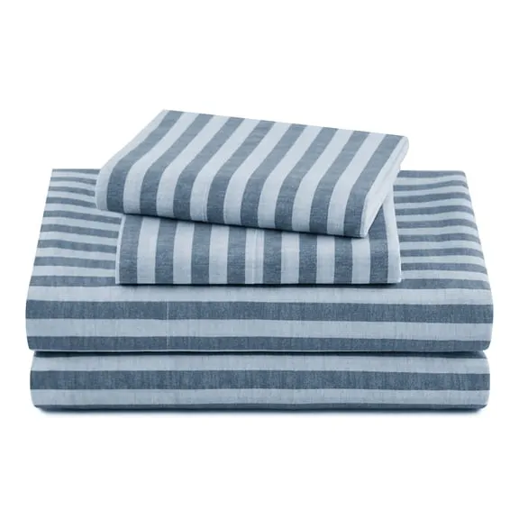 Best seller Beautiful Striped 4-Piece 100% Cotton Washed Percale Starry Night Blue Sheet Set, Full by Drew Barrymore $44.97