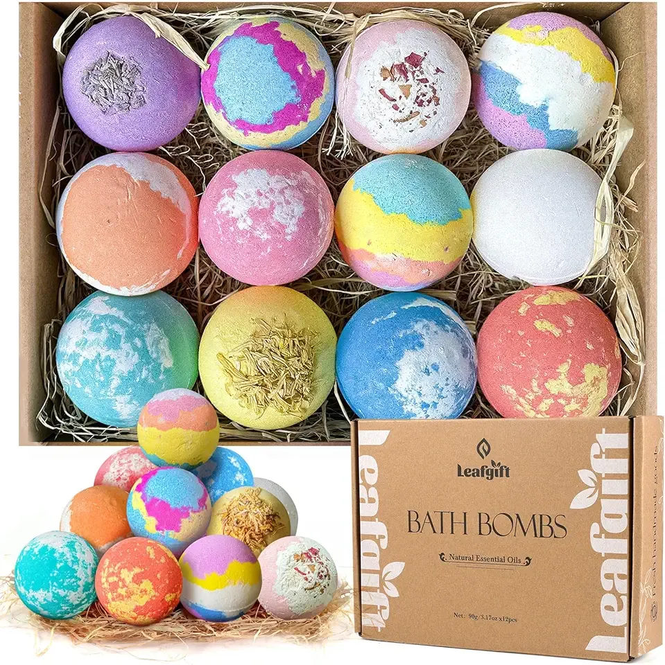 Leafgift Bath Bombs Gift Set, 12pcs Handmade Bath Fizzies with Natural Sea Salt Cocoa & Shea Butter, Perfect for Bubble Bath Spa, Moisturizing Dry Skin, Stress Relief, Best Gift for Women, Men