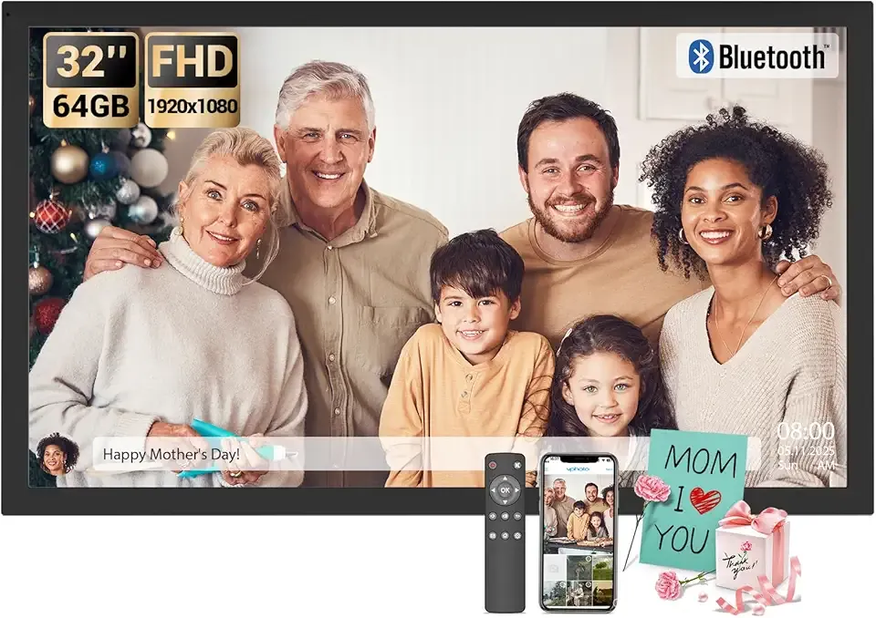 BSIMB Large Digital Picture Frame 32 Inch, 64GB 1920x1080 FHD WiFi Digital Photo Frame Electronic Display, Wall Mount Included, Share Pictures/Videos via App Easy Setup Gifts for Mom(Non-Touch), Black