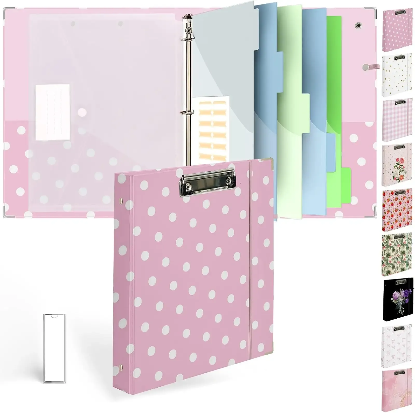 Etzul 3 Ring Binder 1 inch with Clipboard - Pink Polka Dot Design, Includes Dividers, File Bag & Spine Label - Fun and Functional for School or Office, Holographic Waterproof Film