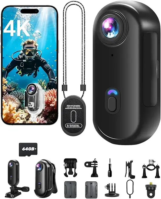 4K Mini Body Camera, WiFi Action Camera with 64GB Card Wearable POV Camera