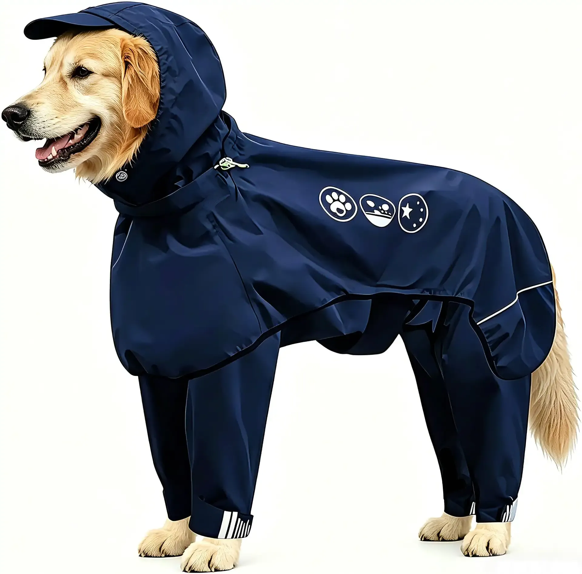 Dog Raincoat, Full-Body Hooded All-Weather Jacket, Waterproof and Windproof with Reflective Strips, Suitable for Large Dogs, XL