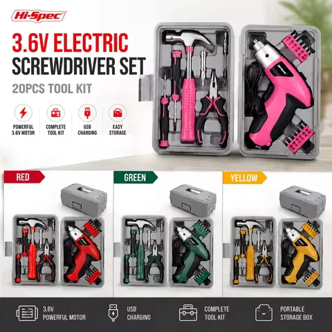 Hi-Spec 3.6V Cordless Electric Screwdriver Set Pink Rechargeable Power Drill Driver DIY Home Repair Tool Kit Case with Tools