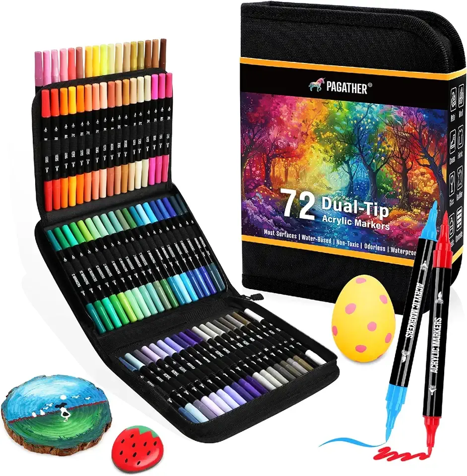 Pagather 72 Colors Acrylic Paint Markers, Dual Tip with Fine Tip and Brush Tip Pens for Stone, Wood, Calligraphy, Canvas, Ceramic, Metal, Glass, Rock Painting, DIY Crafts Art Supplies Kit