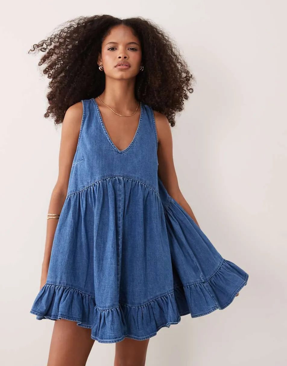 ASOS DESIGN denim v neck tiered smock dress in light mid blue