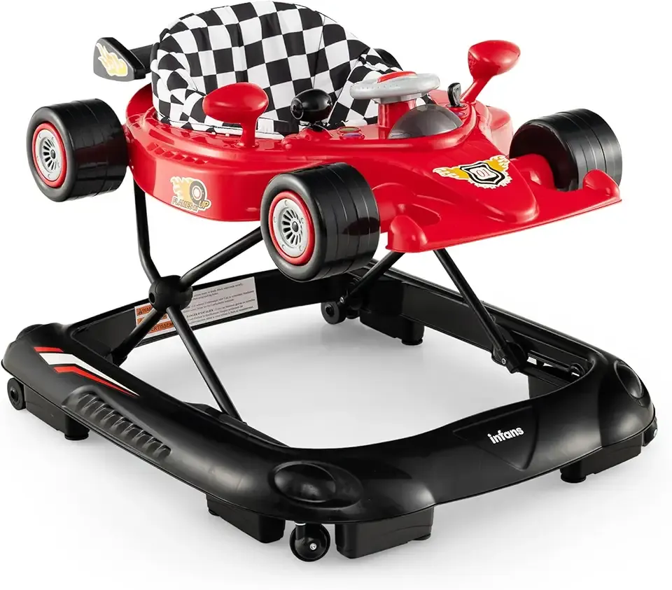 INFANS Foldable Baby Walker, 3 in 1 Toddler Activity Center Leaning-Seated Walk-Behind with Steering Wheel, Adjustable Height, Lights, Music, Washable Seat Cushion (Cherry)