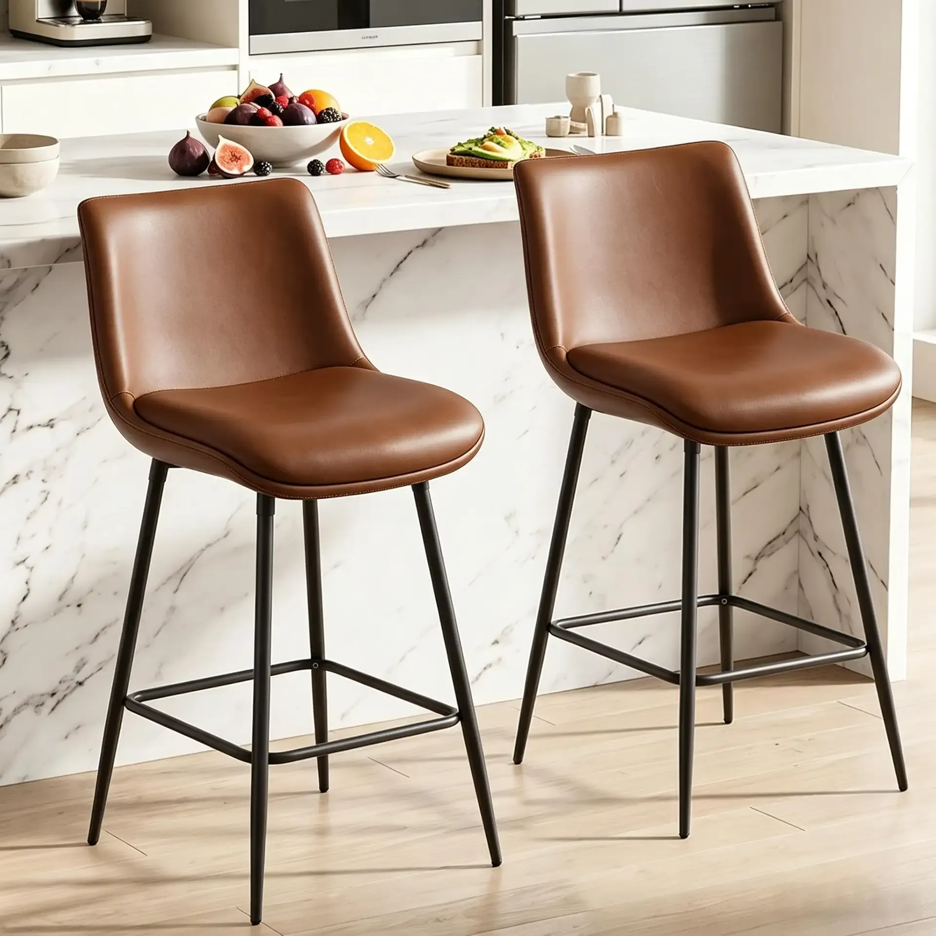 Counter Height Bar Stools Set of 2, FSC Certified Upholstered Faux Leather Barstools with Back, Metal Base, 27" Seat Height, Modern Upholstered Counter Stools for Kitchen Island,(Walnut Brown