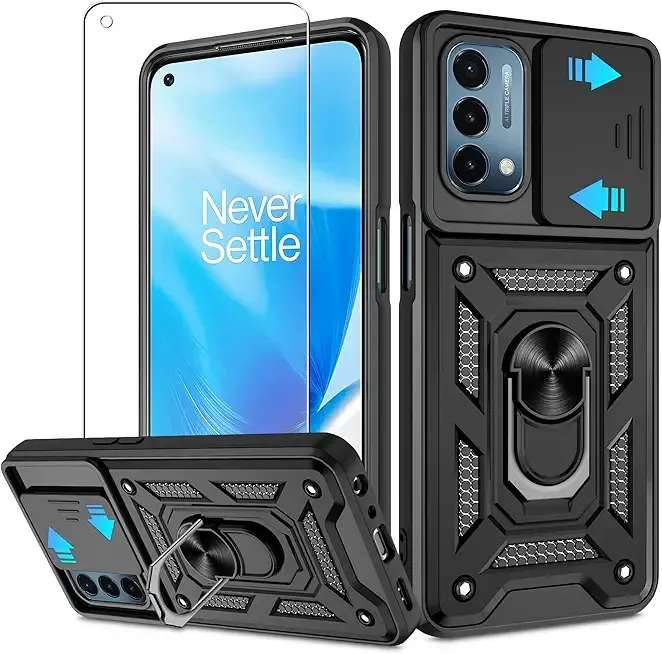 ATUMP for OnePlus Nord N200 5G Case with HD Screen Protector with Slide Camera Cover, 360° Rotation Ring Kickstand [Military Grade] Shockproof Protective Case for OnePlus Nord N200 5G,Black