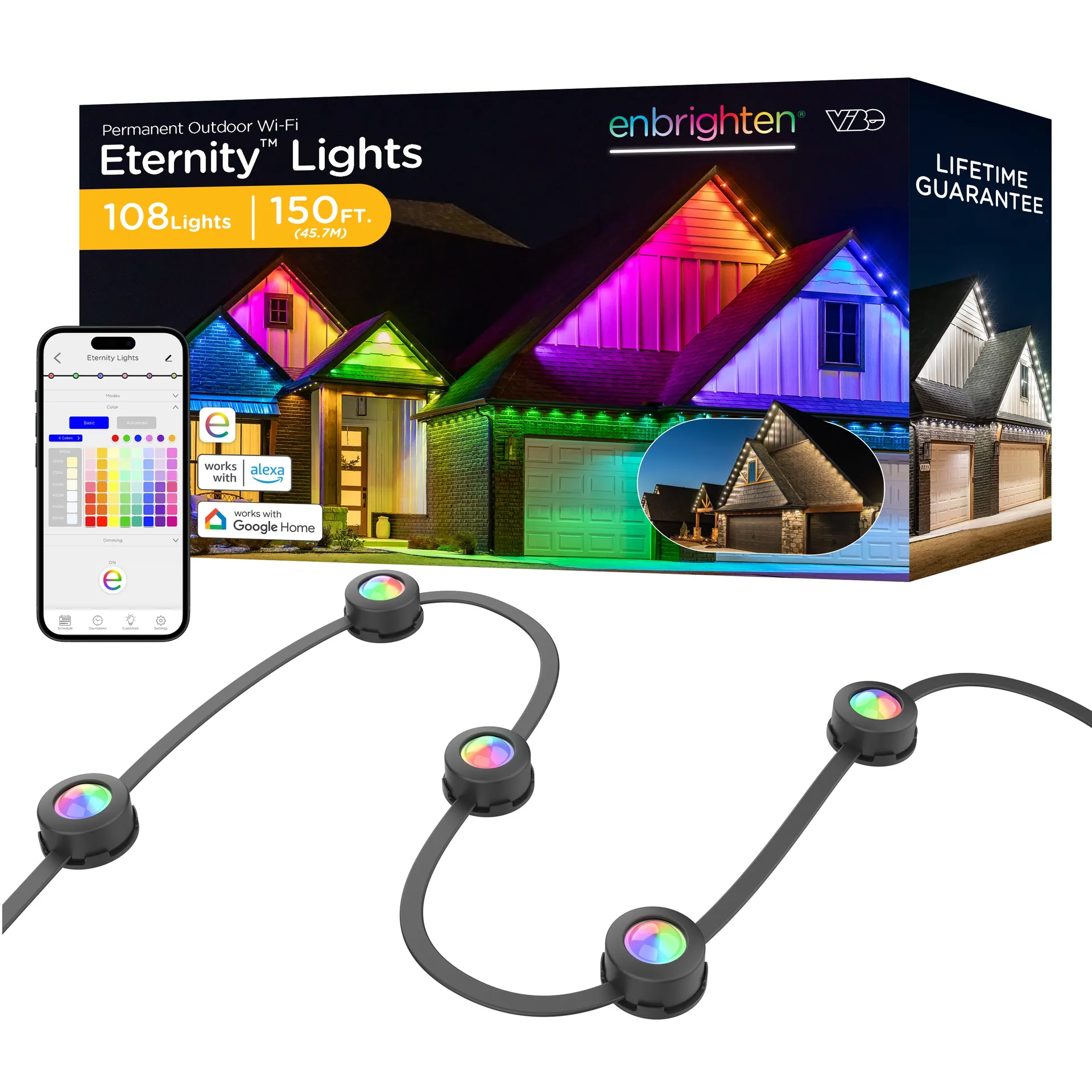 Enbrighten 150-ft Plug in Black Permanent Outdoor House Lights for Year-Round and Christmas Eave Lighting Smart Outdoor String Light with 108 Color changing -Light LED Mini Bulbs Wi-Fi Compatibility