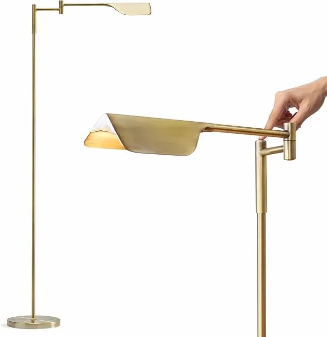Brightech Leaf Pharmacy LED Reading Lamp, Dimmable Floor Lamp with Easy Rotation over Chair or Desk for Living Rooms & Offices, Adjustable Standing Tall Lamp, For Sewing & Crafts, Antique Brass (Gold)