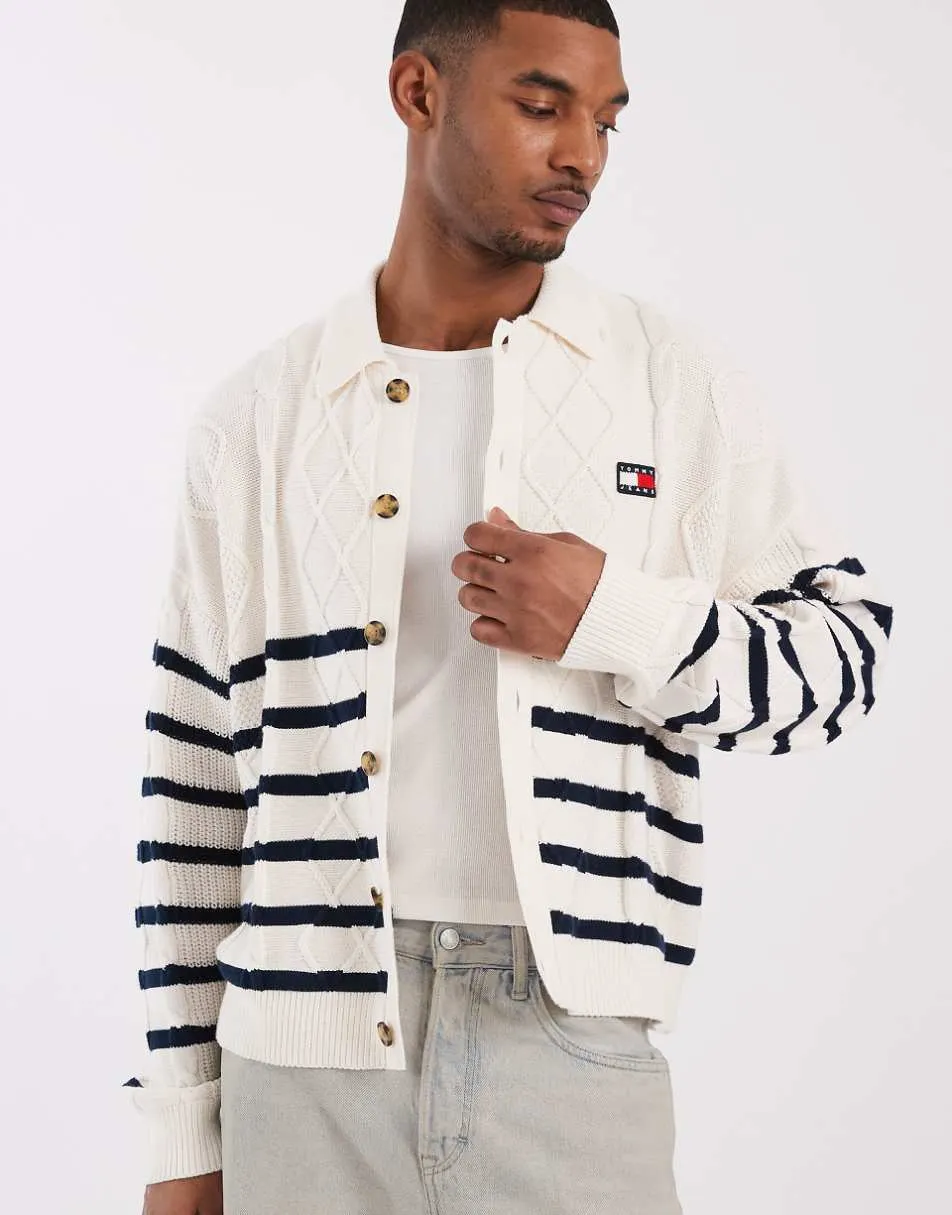 Tommy Jeans cable knit relaxed fit cardigan in cream/navy stripes