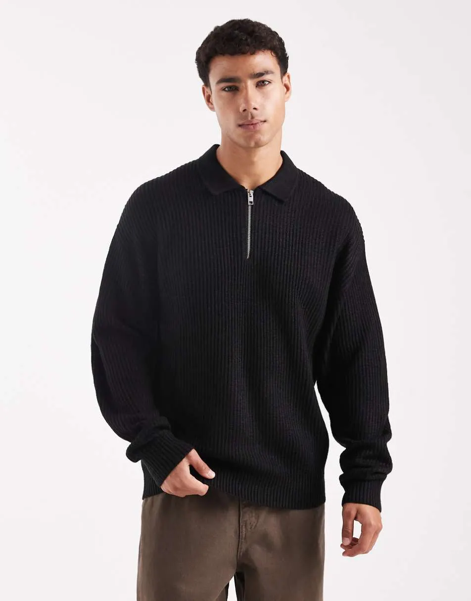 JJ Rebel oversize knitted polo in black