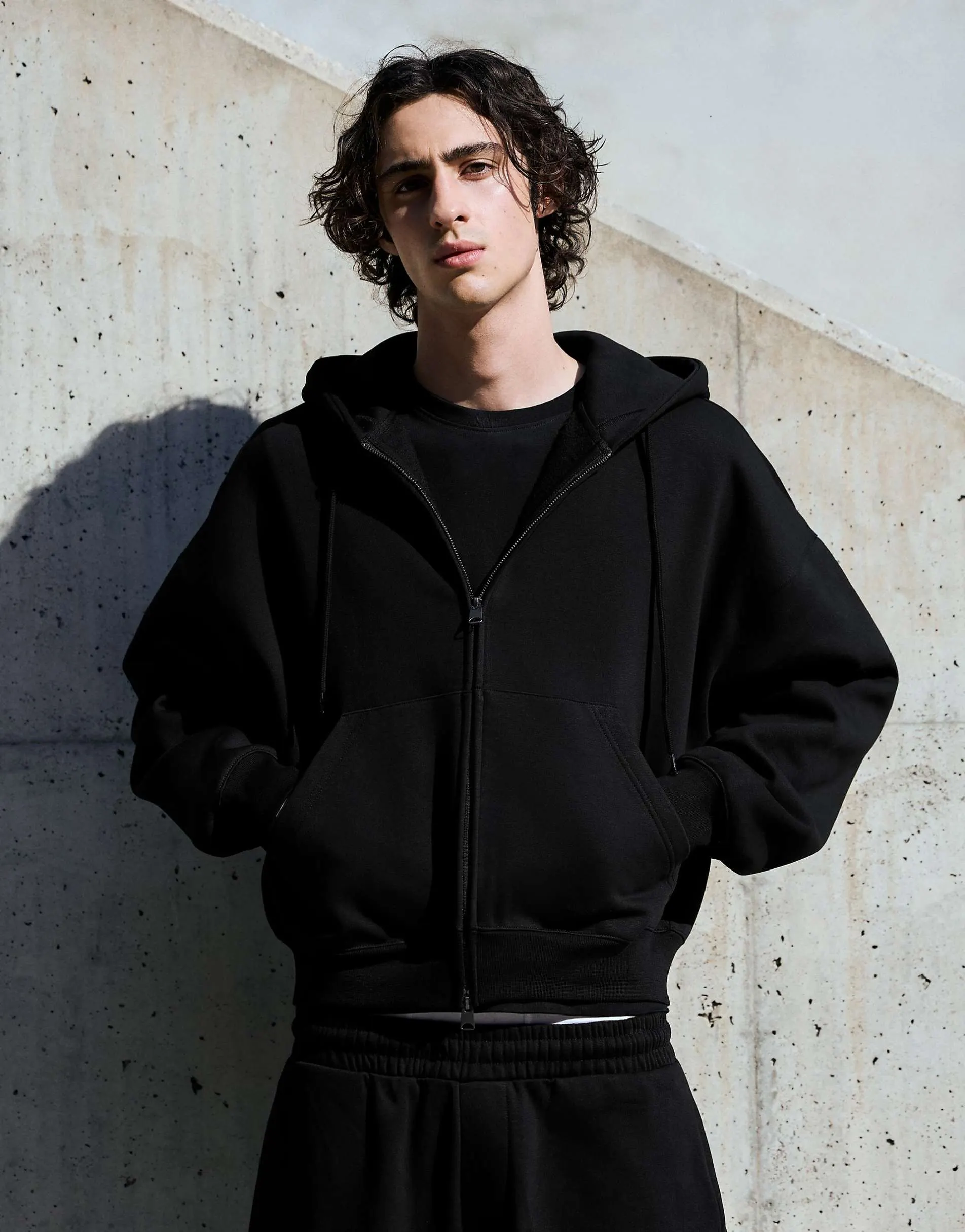 Bershka Boxy zip-up hoodie in black