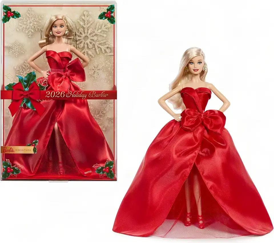 Signature Doll, 2026 Holiday Blonde Fashion Doll Wearing Red Gown with Bow, Seasonal Collector Doll in Displayable Packaging & Doll Stand
