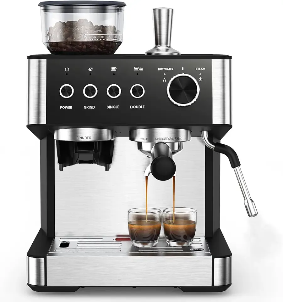 (2025 Upgrade)20 Bar Espresso Machine with Built-in Anti-Clog Coffee Grinder, Expresso Coffee Machines with Milk Steam Wand/Frother/Tamping Tools,Espresso Maker with Grinder for Lattes-Charcoal