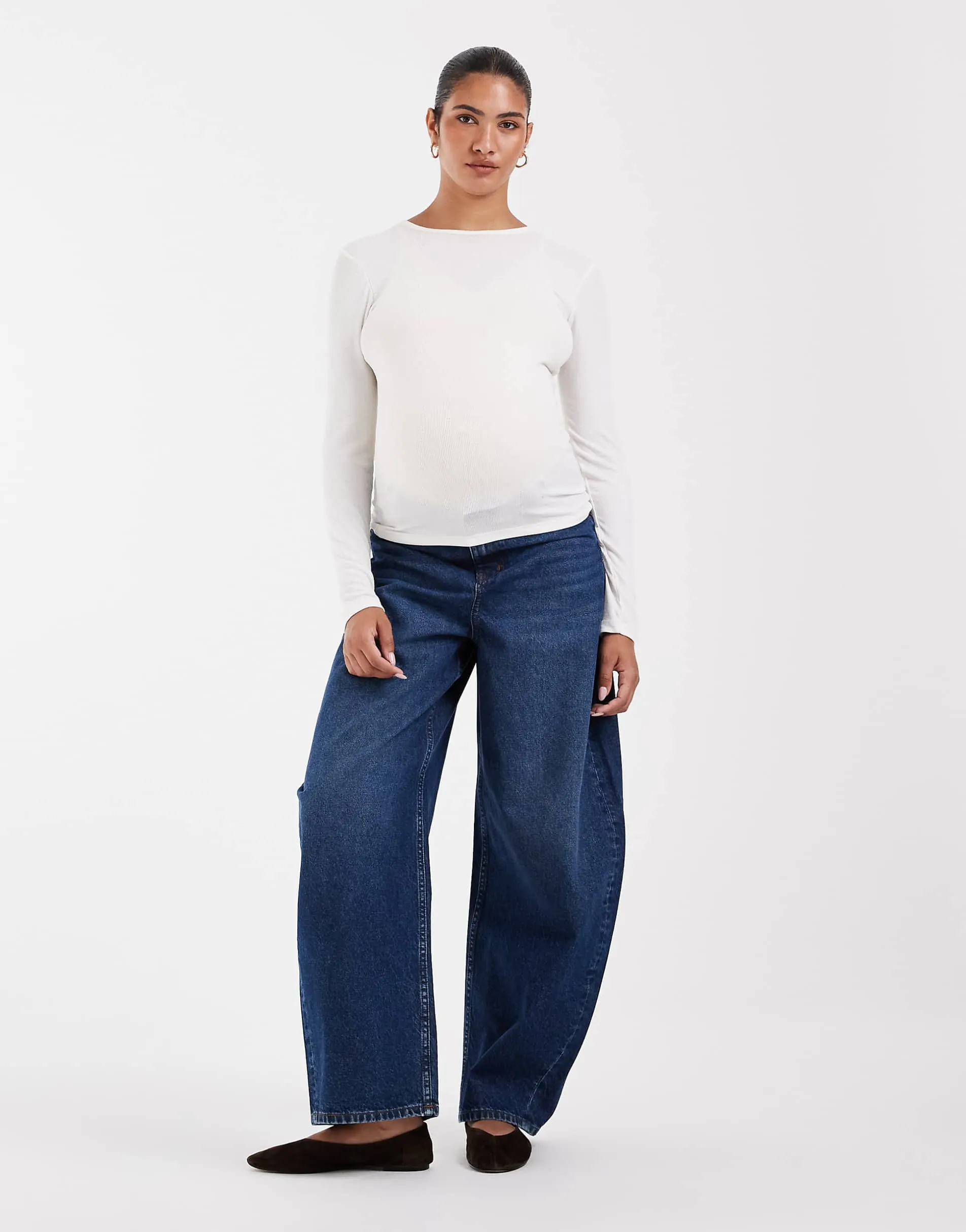 ASOS DESIGN Maternity high waisted barrel leg jeans in dark wash blue