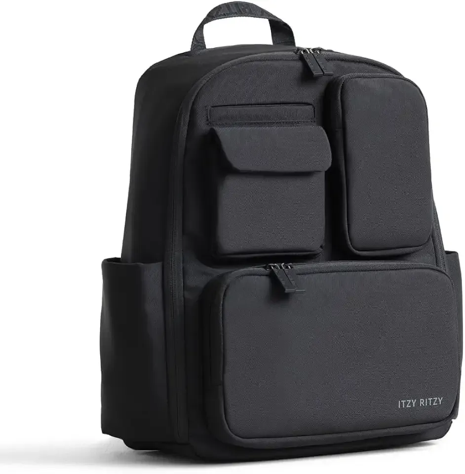 Itzy Ritzy Utility Diaper Bag Backpack – Features 17 Pockets (Including 2 Insulated Bottle Holders) & Trolley Sleeve and Includes Stroller Straps & Changing Pad – Part of the Belong Collection (Black)