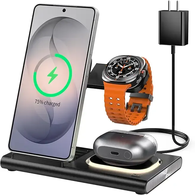 Wireless Charger for Samsung Charging Station, Foldable & Nightlight | 3 in 1 Charging Station for Samsung S26-S10/Note/Z Fold Flip8,Travel Charger for Galaxy Watch 8-1/Buds,Not for Watch 9/Ultra2