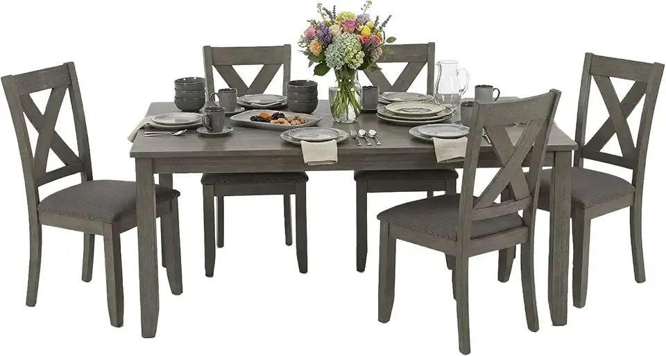 Signature Design by Ashley Caitbrook Rustic 7-Piece Dining Set – Rectangular Table with 6 X-Back Upholstered Chairs, Gray