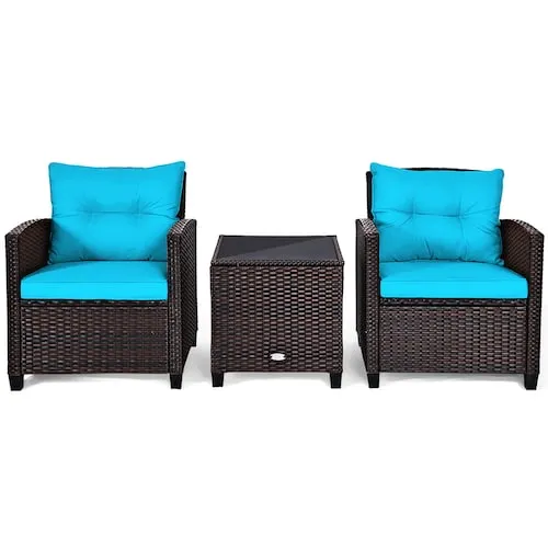 3PCS Patio Rattan Furniture Set Cushioned Conversation Set Sofa Coffee Table Turquoise