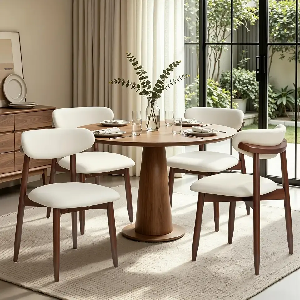 CHUN YI Dining Chairs Set of 4, Upholstered Wooden Dining Room Chairs, Mid Century Modern Fabric Kitchen Chair with Ergonomic Curved Backrest, Beige (Only Chairs)