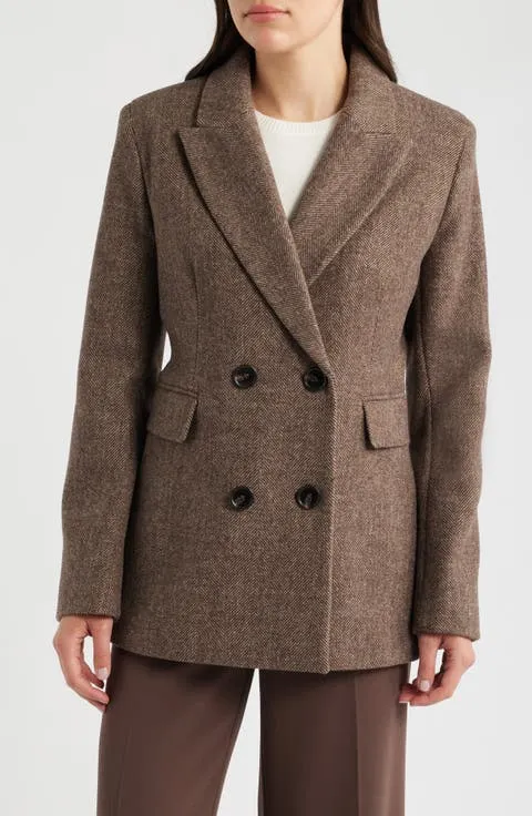 Donna Karan New York Herringbone Wool Double Breasted Coat