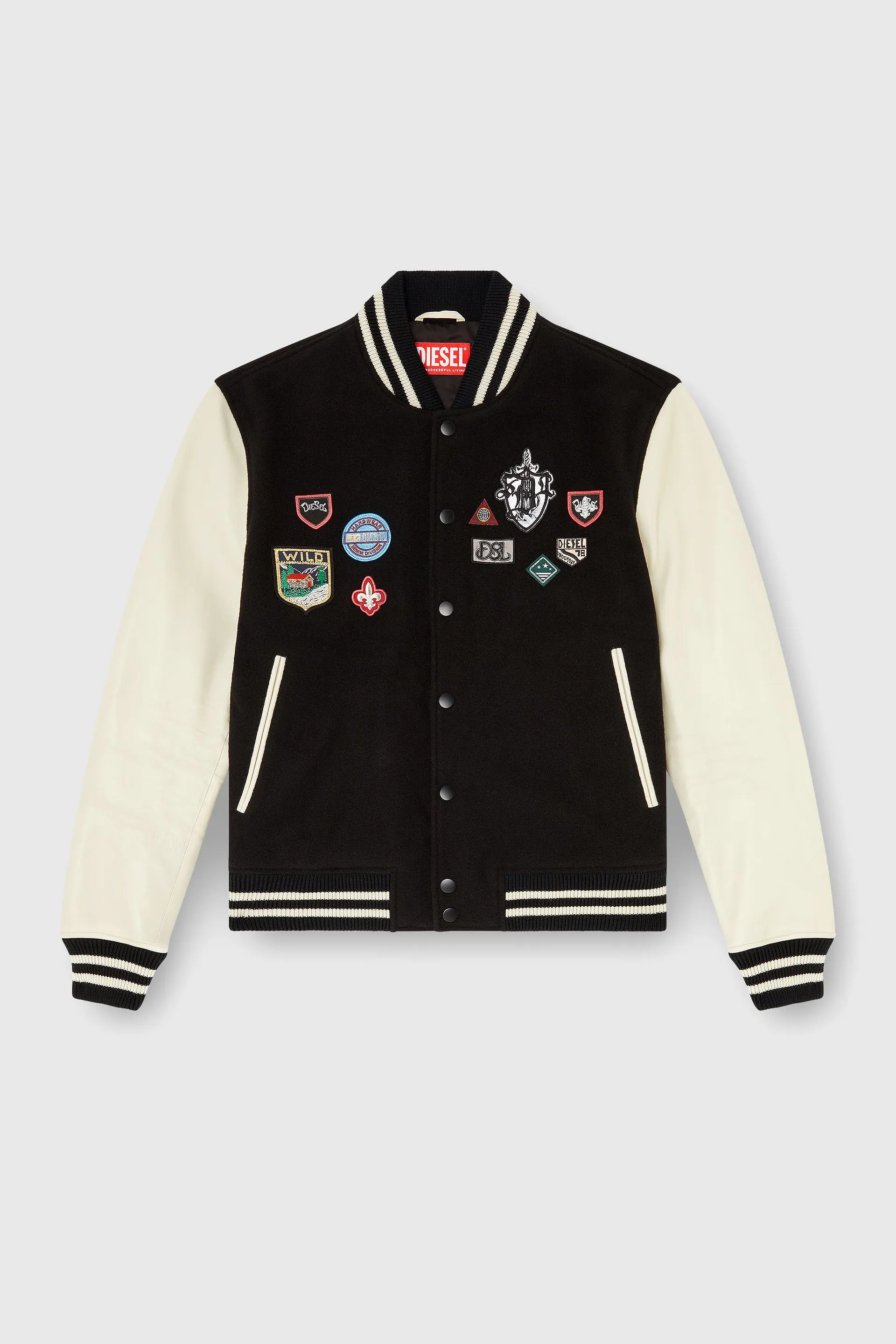 Wool and leather bomber jacket with patches