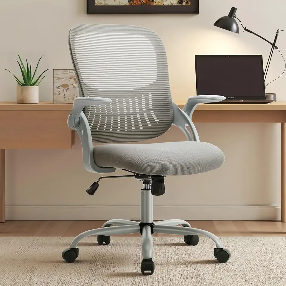 Sweetcrispy Home Office Managerial Executive Chair, Ergonomic Mesh Adjustable Swivel Mid-Back Chair with, Flip-up Arms, Comfortable Lumbar Support, Comfy Arms for Bedroom,Study,Student