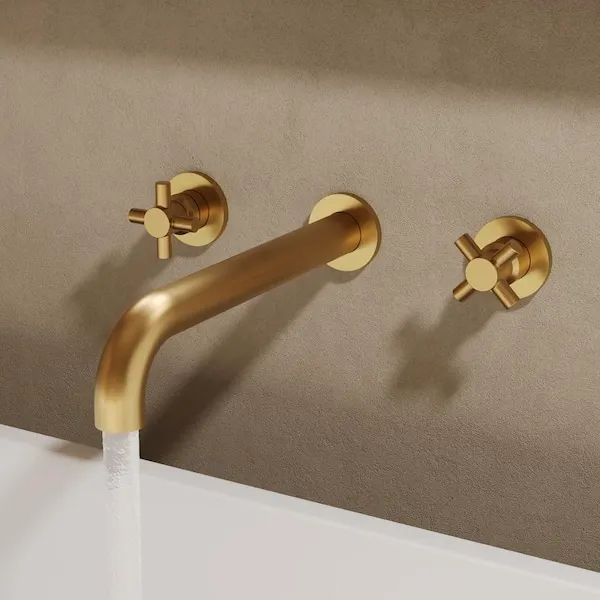 GRANDJOY 11 in.​ Long Spout Double-​Handle Wall Mount Roman Tub Faucet 6.​74 GPM with Spot Resistant in Brushed Gold Valve Included