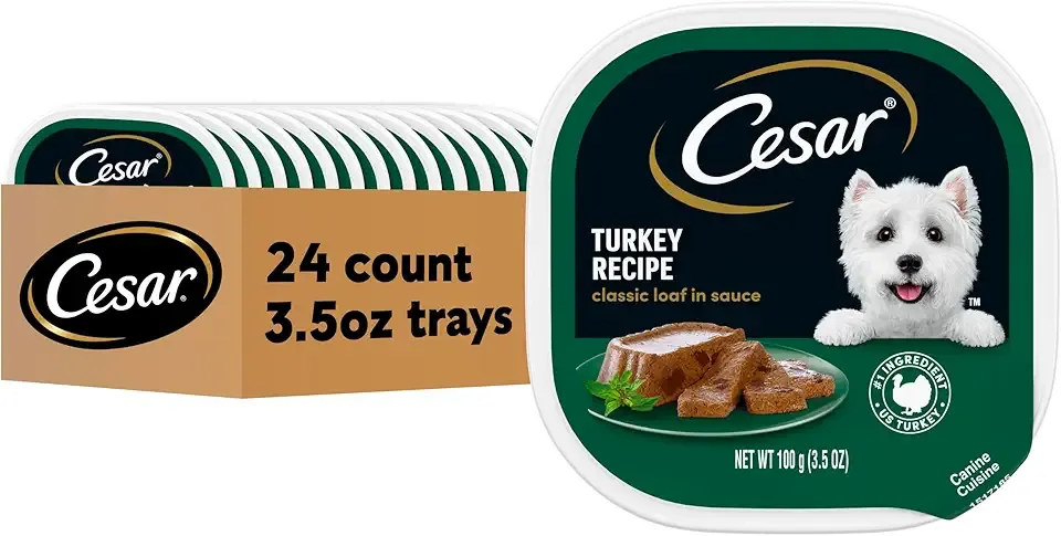 Cesar Classic Loaf in Sauce Adult Wet Dog Food Turkey Recipe, 3.5 oz. Easy Peel Trays, 24 Count (Pack of 1)