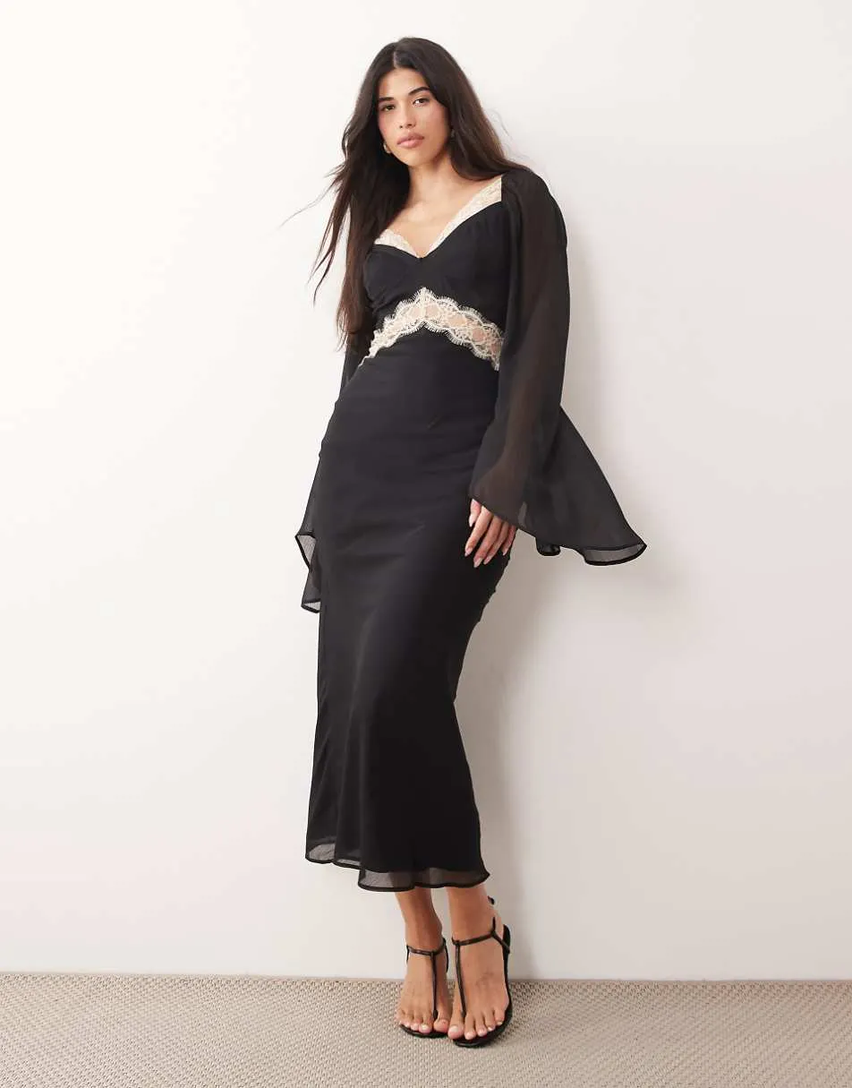 ASOS DESIGN lace applique chiffon mix draped sleeve midi dress in mono
