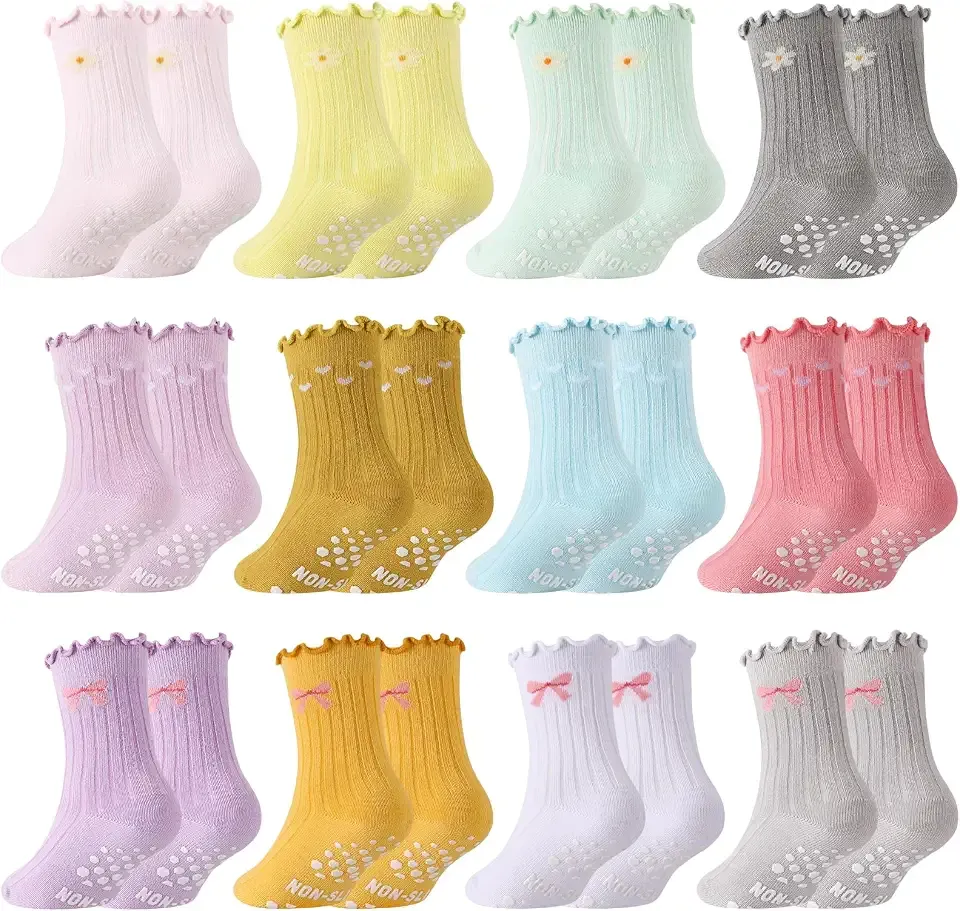 12 Pairs Girls Toddlers Grip Socks, Cute Ruffle Non Slip Socks with Bow Heart Flower Breathable Cotton Crew Sock for Uniform School Dress