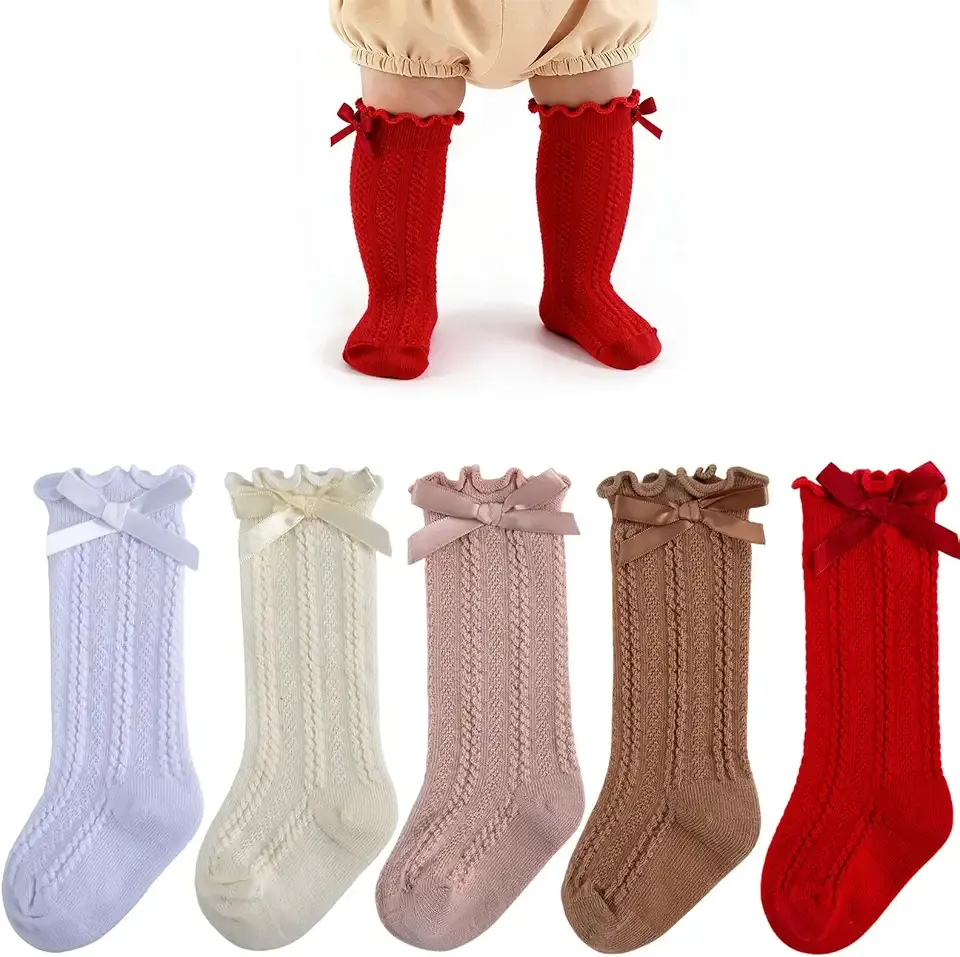 Baby Knee High Socks Toddler Girls Ruffle Socks with Bows Newborn Infant Girl Cable Knit Tube Ruffled Stockings