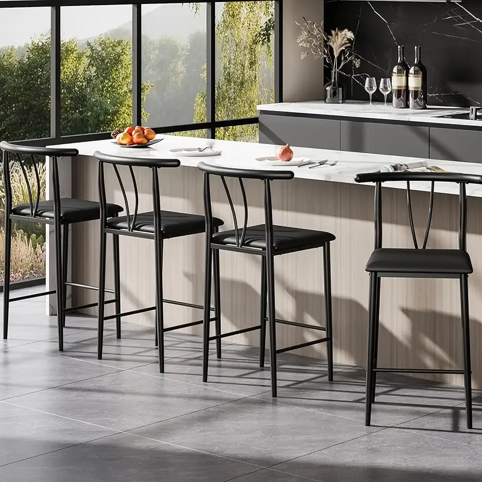 IDEALHOUSE 25.2" Bar Stools Set of 4 with Wide PU Upholstered Seat, Counter Height Bar Stools Set with Footrest & Curved Back, Metal Barstools Set for Kitchen Islands, Counter Bars, Black