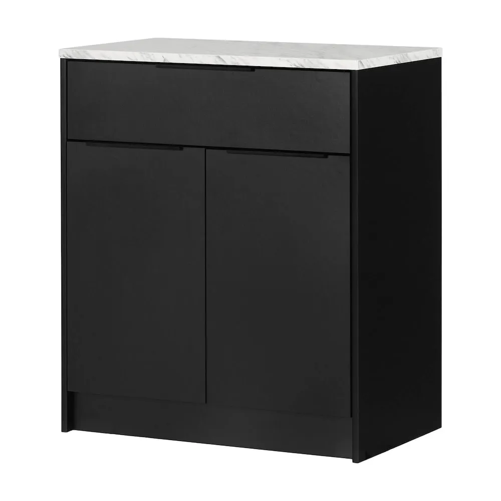 South Shore Olio Compact Kitchen Island with Storage in Matte Black and Faux White Marble, 31.5 in. x 19 in.