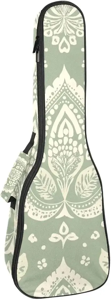 23 Inch Concert Ukulele Case Bag Sage Green Flowers Leaves and Dots Pattern Ukulele Backpack with 10mm Soft Sponge Padding