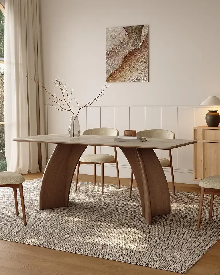 71" Sintered Stone Dining Table for 6, Rectangular Kitchen Table with Solid Wood Pedestal, Luxury Mid Century Modern Dinner Table for Dining Room