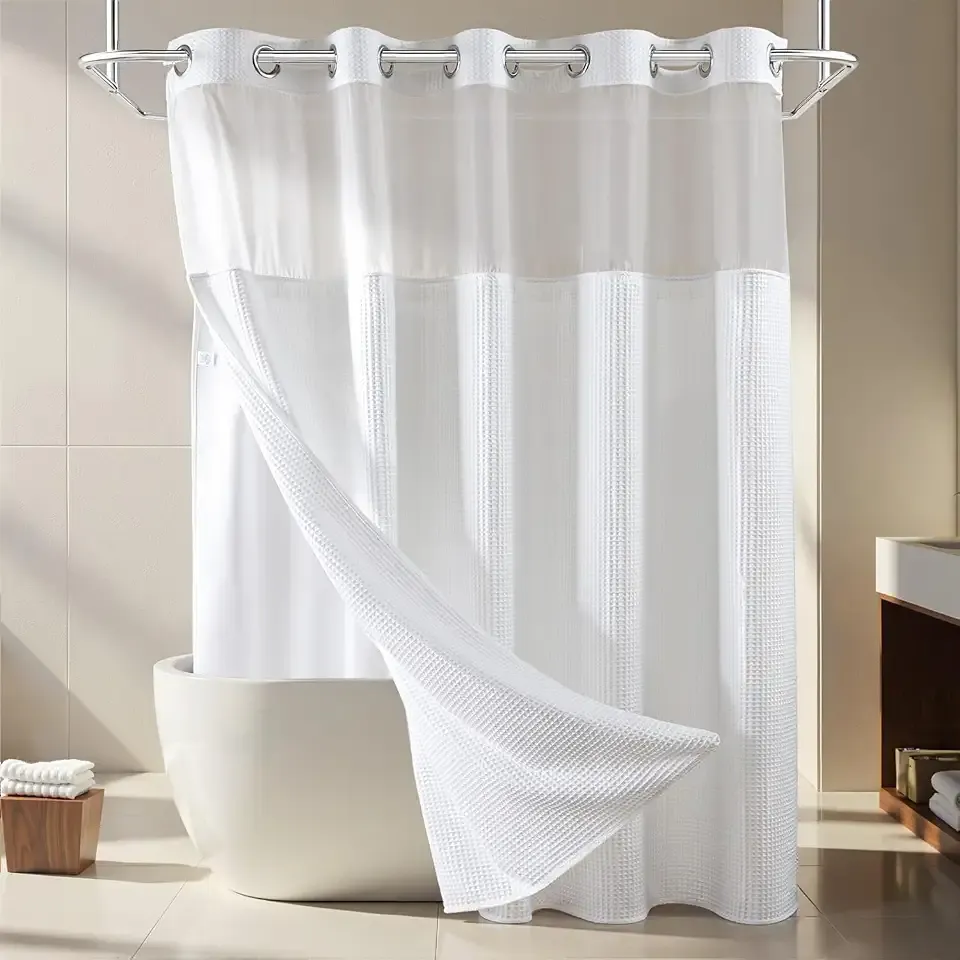 River Dream White Cotton Blend Fabric Shower Curtain Set with Liner, 71x74 | Waffle Weave, No Hook Needed, with Snap in Replacement Liner, Top Sheer Window, Hotel Quality Fabric for Bathroom