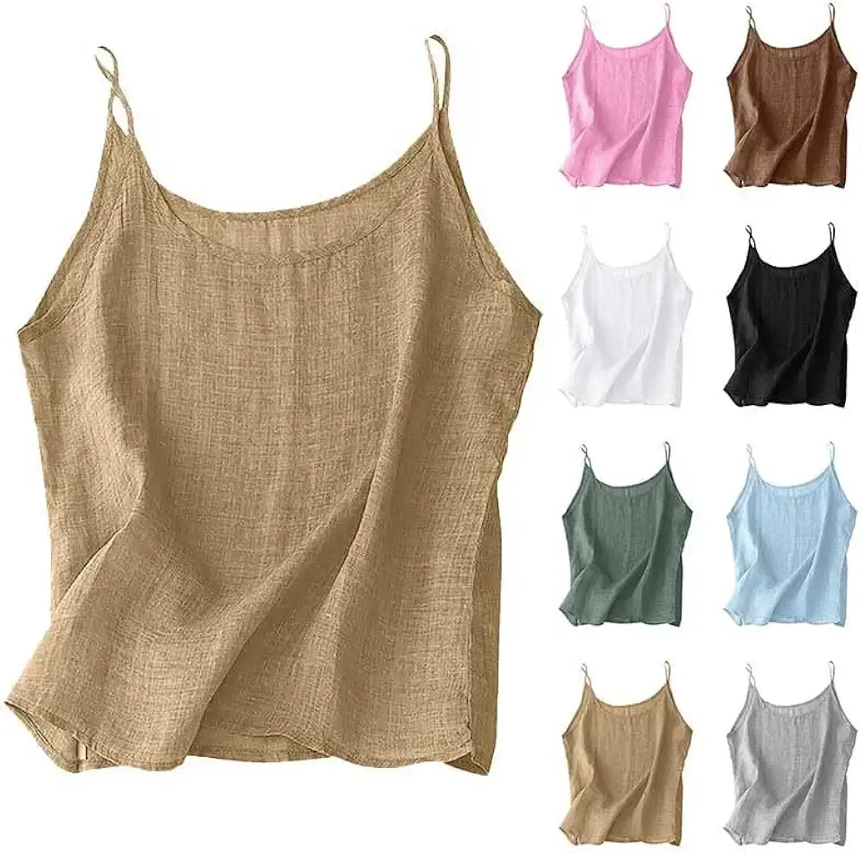 Cotton Linen Tank Tops for Women 2025 Summer Sleeveless Spaghetti Strap Tees Casual Loose Soild Color Tunic Shirts