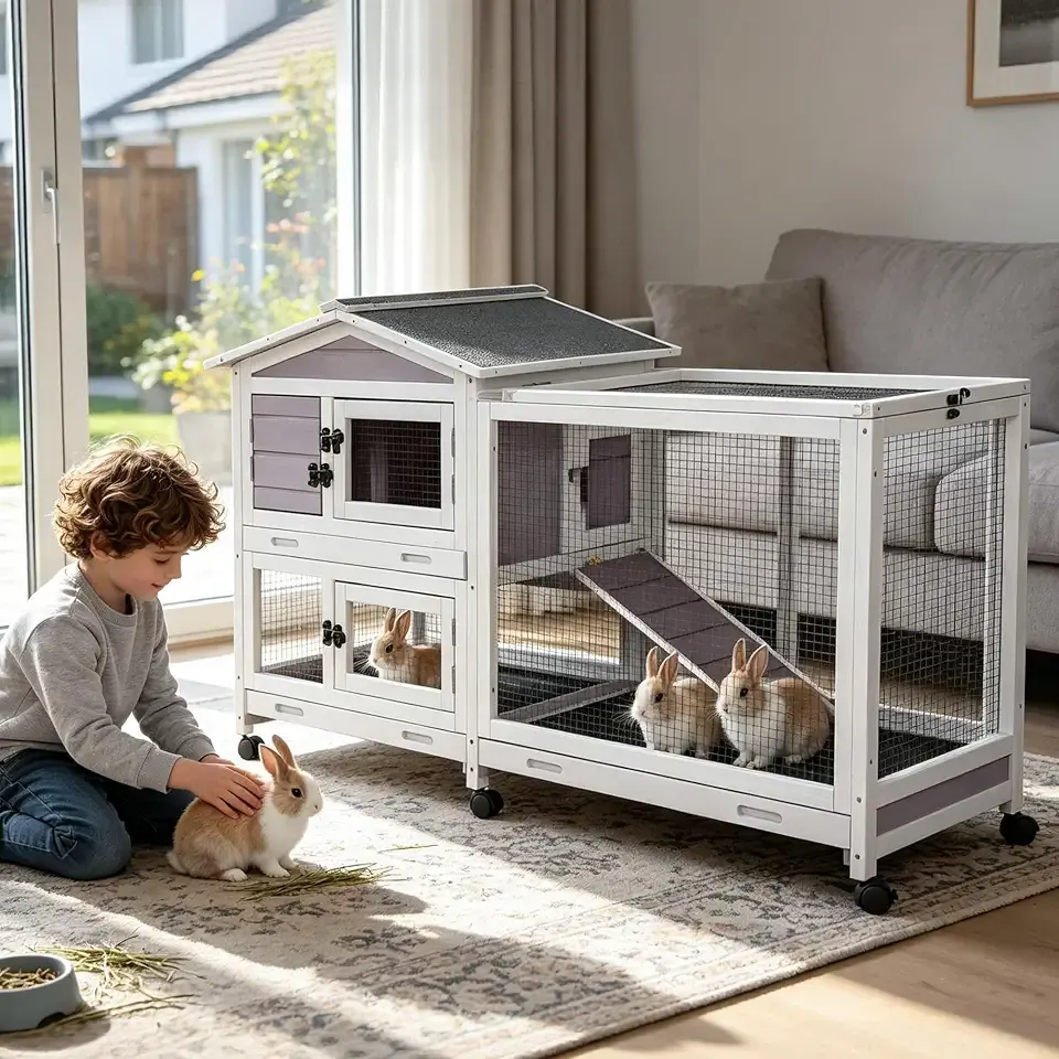 62" L Extra Large Wooden Rabbit Hutch on Wheels with Chew-Proof Ramp, Grey | enlarged version design, 3 easy-cleaning trays, 6 mobile wheels, waterproof asphalt roof, ventilated mesh