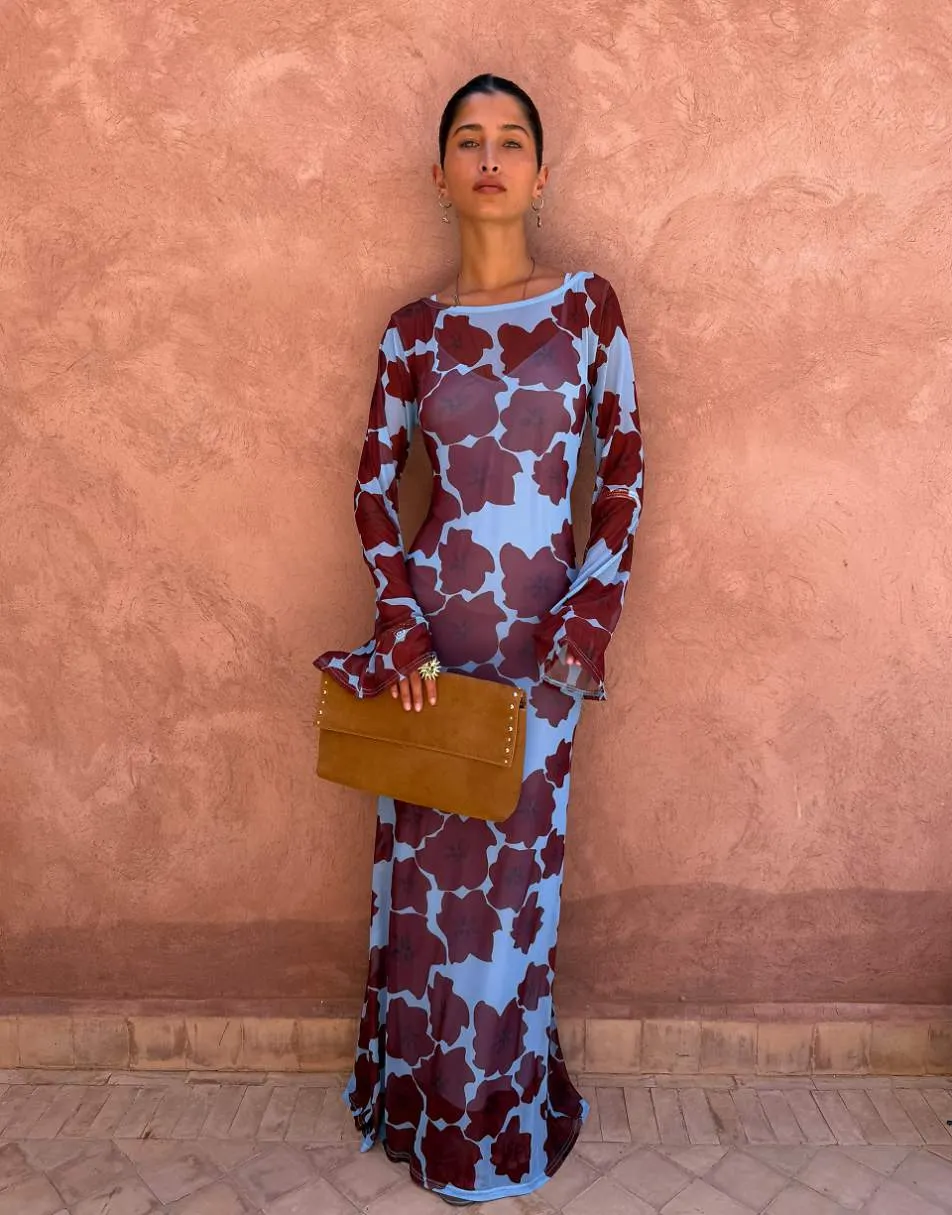 Never Fully Dressed mesh long sleeved crew neck maxi dress in poppy print