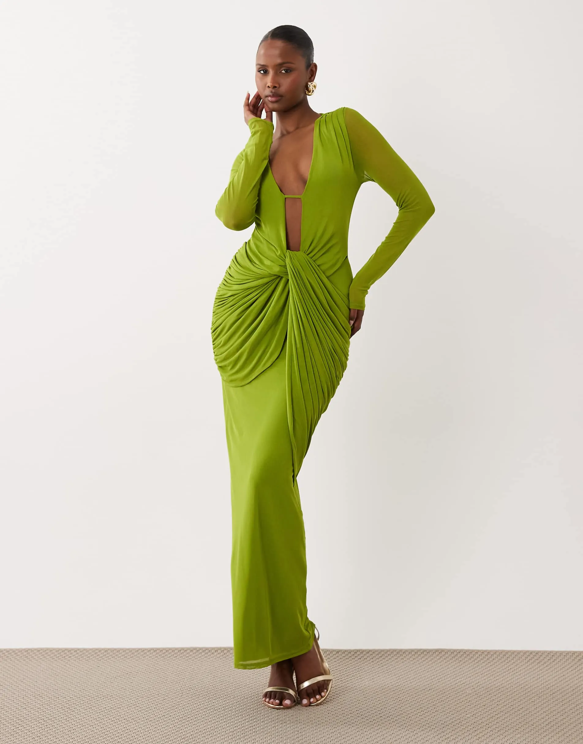 ASOS DESIGN mesh deep plunge long sleeve dress with draping in green