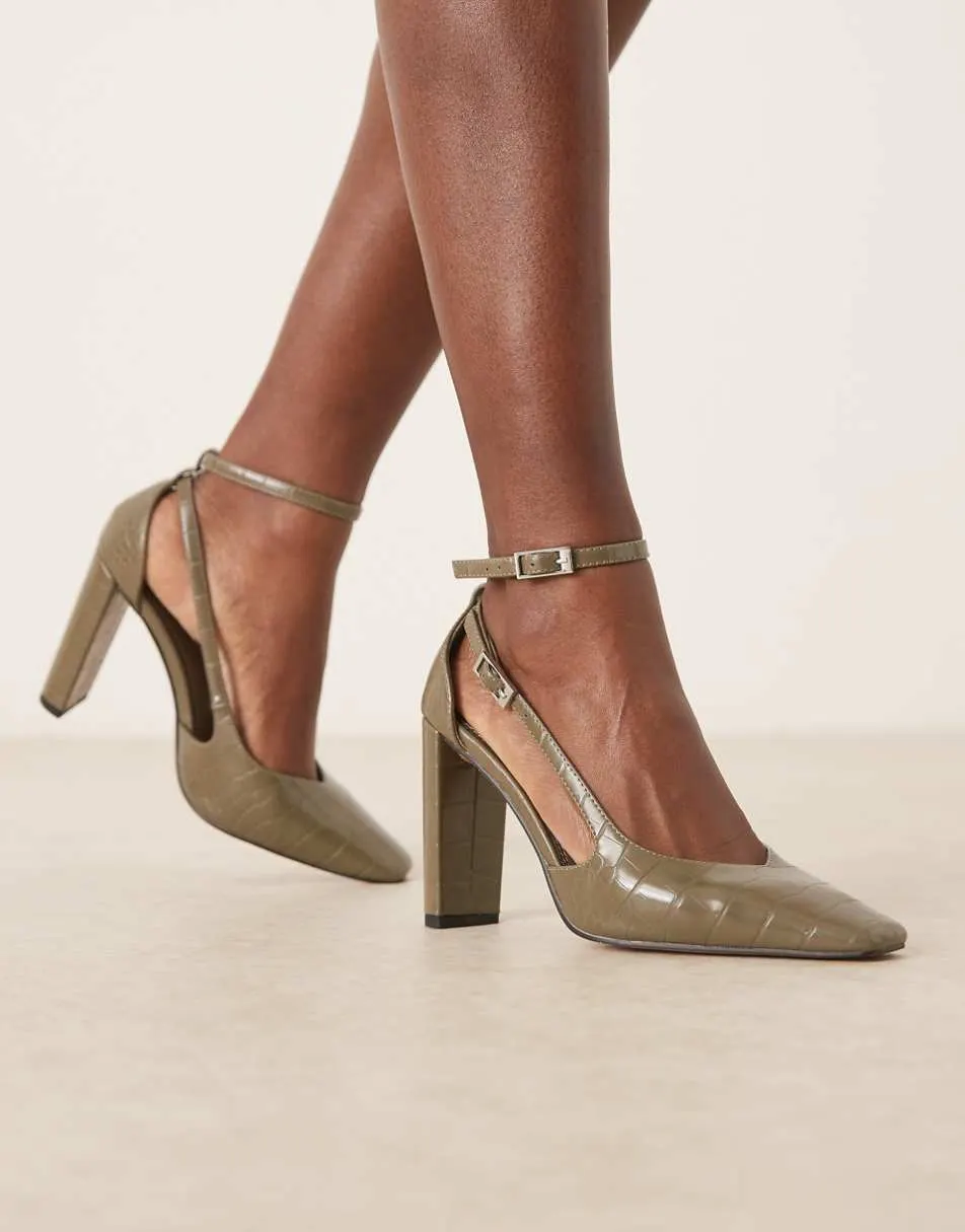 ASOS DESIGN Posie high block heel shoes in olive croc