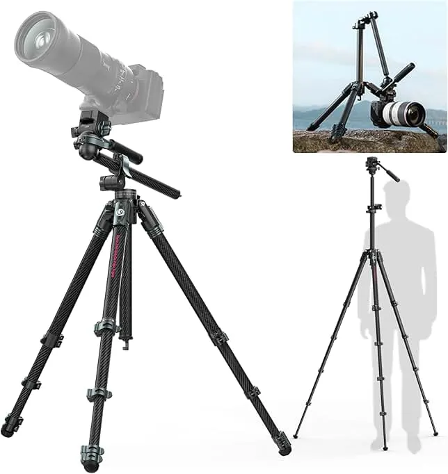 ULANZI JJ06 GlideGo Carbon Fiber Video Tripod, Dual 360° Pan Head, 73.6 inch Max Height, 11 lb Load, Quick Release Plate