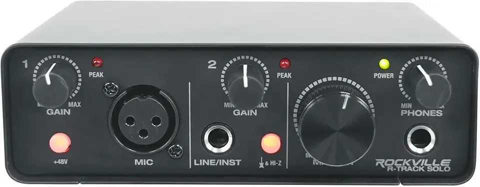 Rockville R-TRACK SOLO USB C Audio Interface 24Bit 192Khz, ASIO Drivers, Phantom Power, Low Latency, Compact Design, for Home Studio Recording and Podcasting