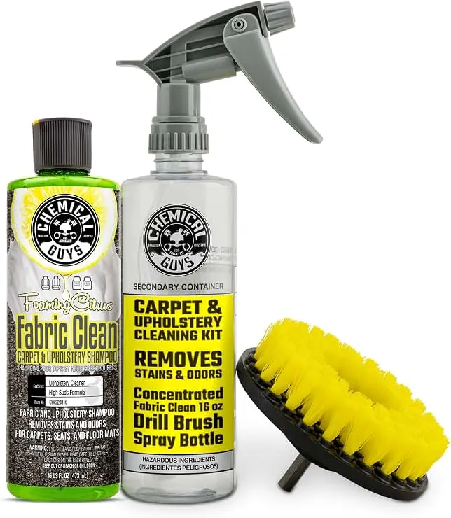 Chemical Guys Foaming Citrus Fabric Clean Drill Brush Kit - High Foaming Stain and Odor Remover, Upholstery, Floor Mat & Car Carpet Cleaner, De…
