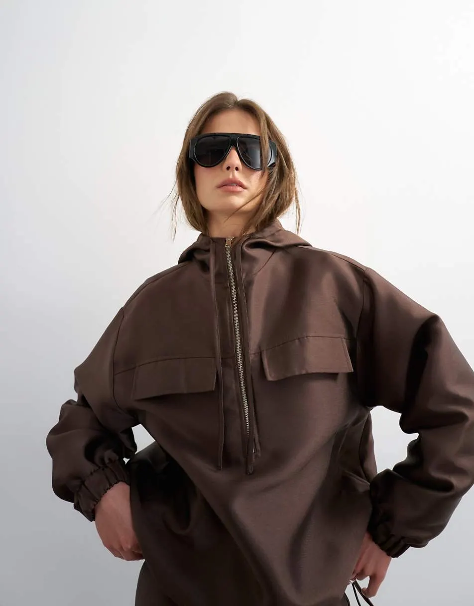 Topshop half zip bomber co ord in brown