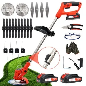 Decespugliatore elettrico a batteria OUTIGO, tagliaerba con 2 batterie e 4 tipi di lame, manico regolabile.