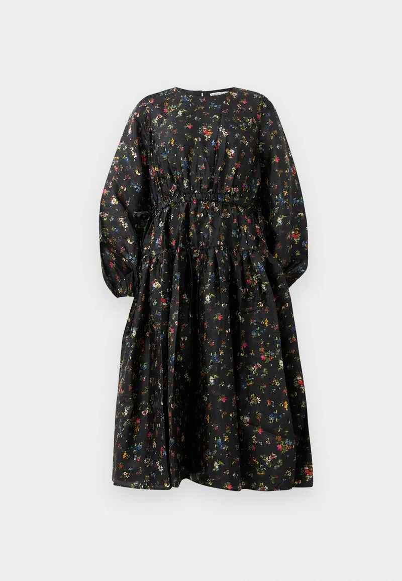 FLAT TEXTURED WAIST TIE MIDI DRESS - Kjole - black