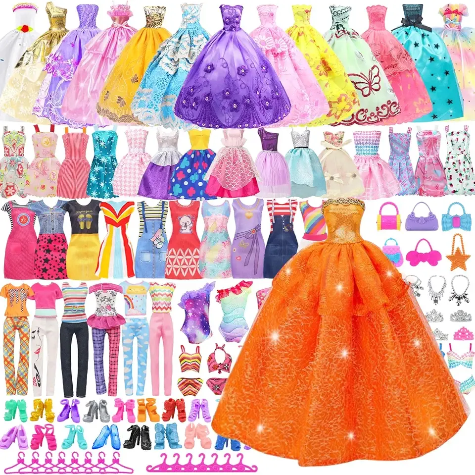 75 Pcs Doll Clothes and Accessories Gift Box Package,5 Wedding Gowns 4 Evening Dresses 8 Fashion Dresses 3 Set Casual Outfit, 2 Swimsuit,30 Hanger 20 Shoes 10 Accessories for Girls 3-10 years old Gift